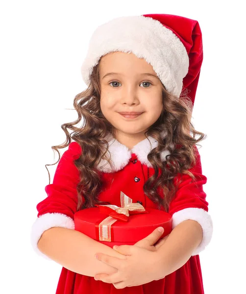 Petite Fille Mignonne Costume Père Noël Avec Cadeau Sur Fond — Photo