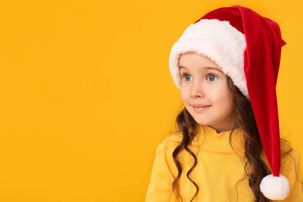 Cute Little Girl Santa Hat Color Background — Stock Photo, Image