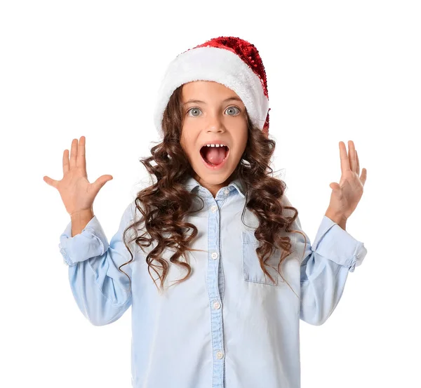 Niña Sorprendida Sombrero Santa Sobre Fondo Blanco —  Fotos de Stock