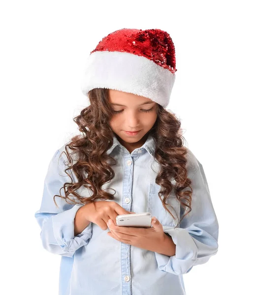 Petite Fille Mignonne Dans Chapeau Père Noël Avec Téléphone Portable — Photo