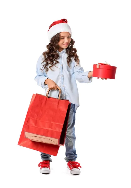 Cute Little Girl Santa Hat Shopping Bags Gift White Background — Stock Photo, Image