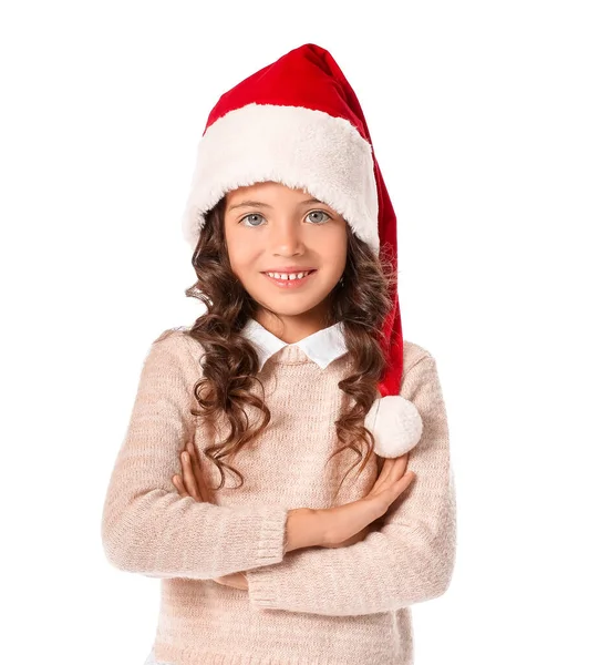 Carino Bambina Babbo Natale Cappello Sfondo Bianco — Foto Stock