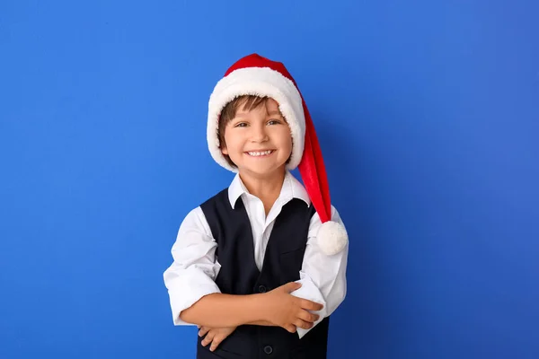 Cute Little Boy Santa Hat Color Background — Stock Photo, Image