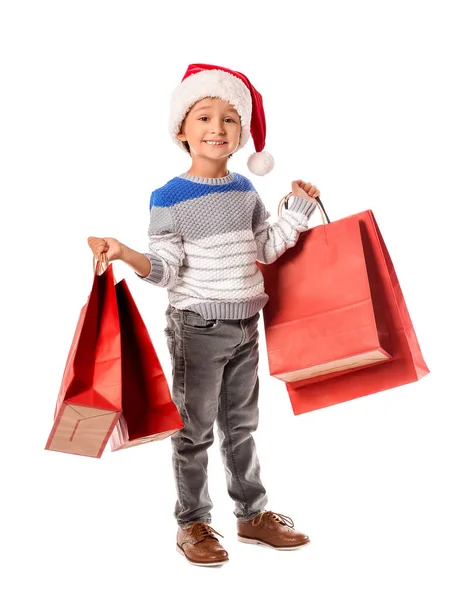 Cute Little Boy Santa Hat Shopping Bags White Background — Stock Photo, Image