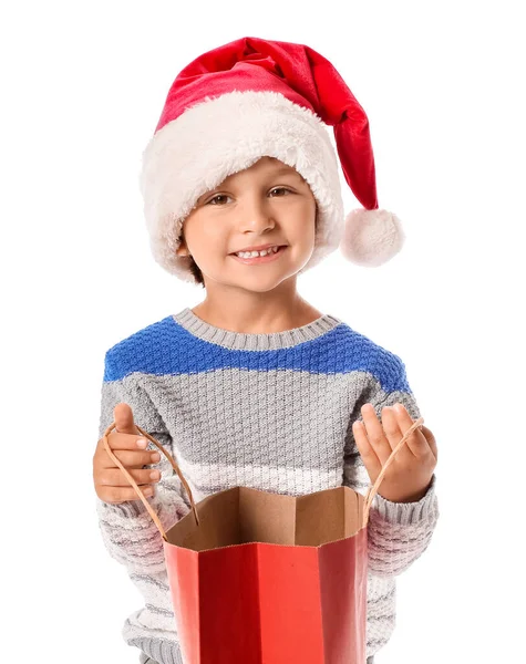 Söt Liten Pojke Santa Hatt Och Med Shoppingväska Vit Bakgrund — Stockfoto