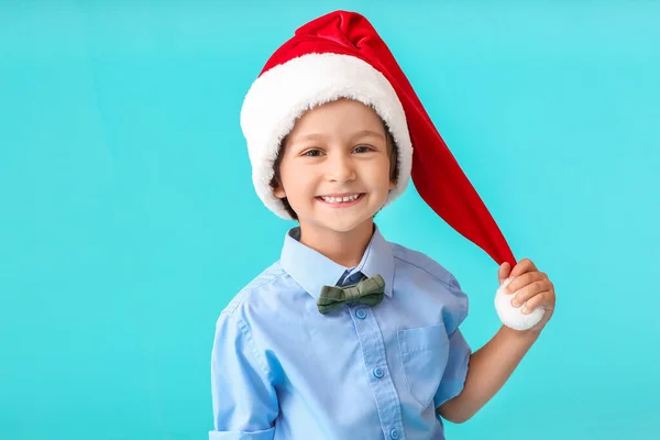 Cute Little Boy Santa Hat Color Background — Stock Photo, Image