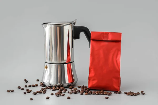 Blank Bag Coffee Pot Beans Grey Background — Stock Photo, Image