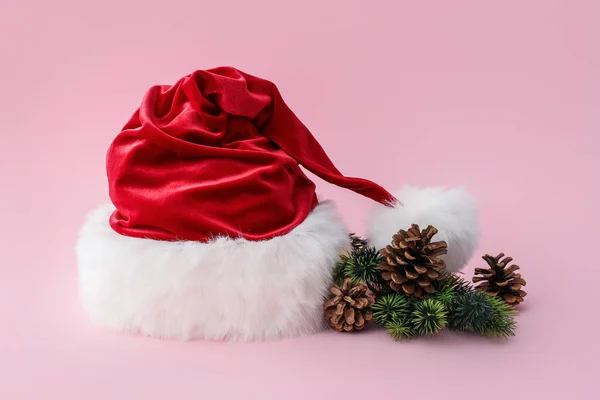 Santa Claus Hat Fir Cones Color Background — Stock Photo, Image