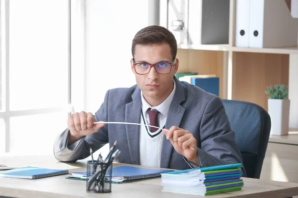 Stressed Young Male Teacher Classroom — Stock Photo, Image