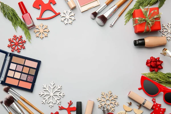 Christmas Composition Cosmetics Light Background — Stock Photo, Image