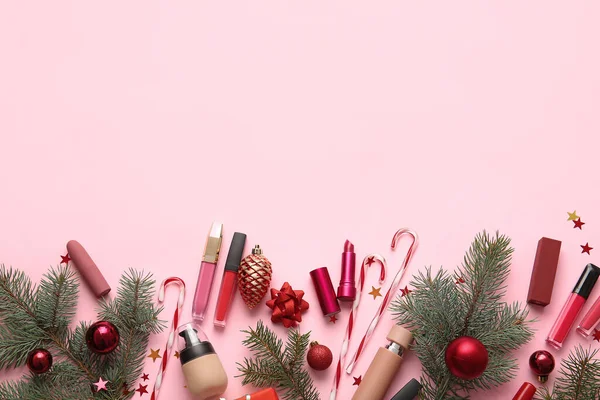 Christmas Composition Cosmetics Color Background — Stock Photo, Image