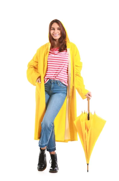 Beautiful Young Woman Raincoat Umbrella White Background — Stock Photo, Image