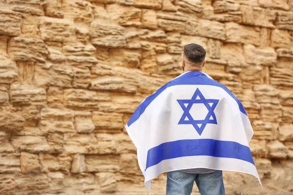 Homem Com Bandeira Israel Perto Muro Das Lamentações — Fotografia de Stock