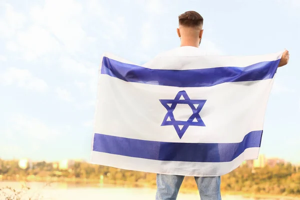 Homme Avec Drapeau Israël Extérieur Vue Dos — Photo