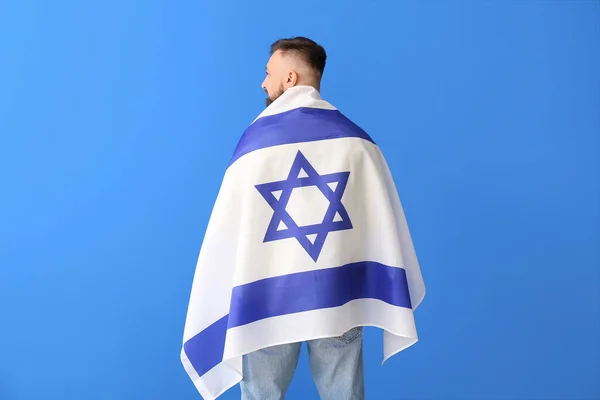 Homem Com Bandeira Israel Fundo Cor Visão Traseira — Fotografia de Stock