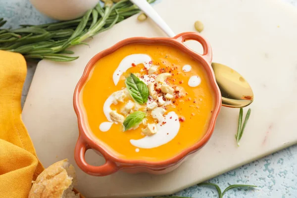 Tasty Pumpkin Cream Soup Pot Table — Stock Photo, Image