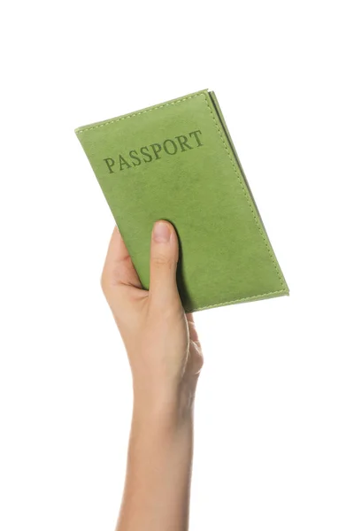 Mano Femenina Con Pasaporte Sobre Fondo Blanco — Foto de Stock