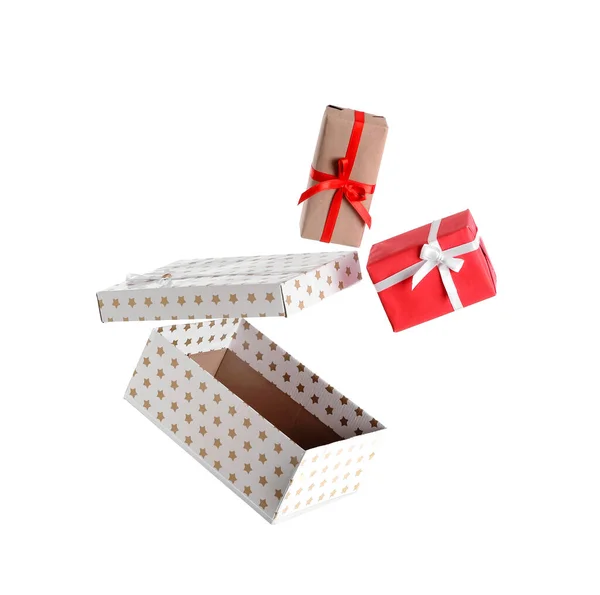 Flying Gift Boxes White Background — Stock Photo, Image