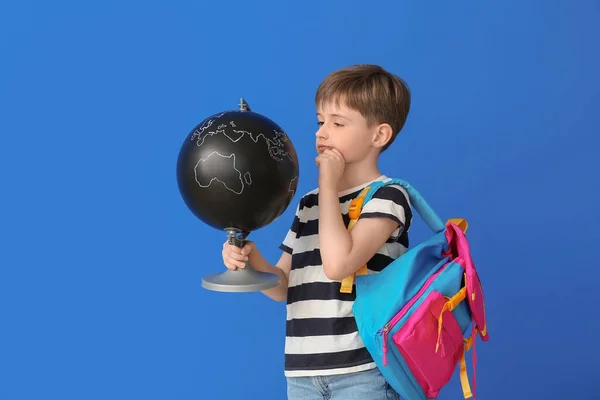 Little Schoolboy Globe Color Background — Stock Photo, Image