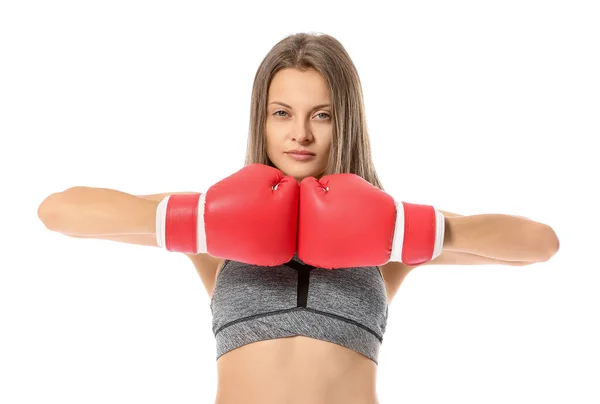 Mujer Joven Deportiva Guantes Boxeo Sobre Fondo Blanco — Foto de Stock