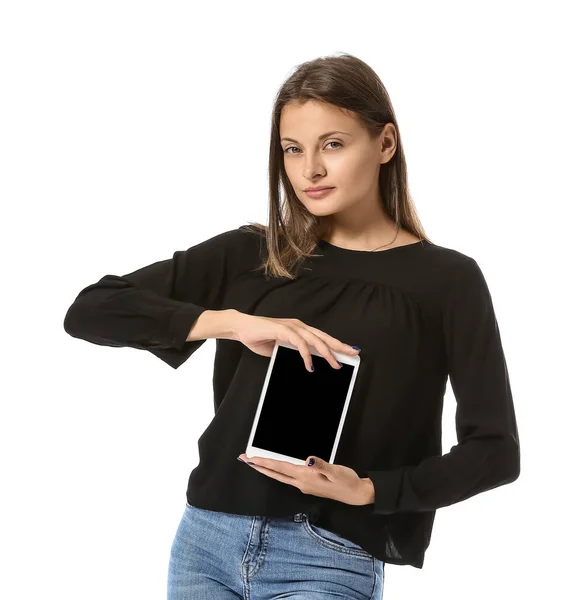 Bella Giovane Donna Con Tablet Computer Sfondo Bianco — Foto Stock