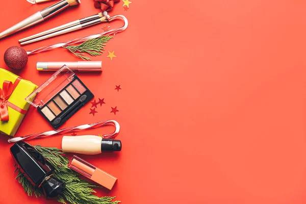 Christmas Composition Cosmetics Color Background — Stock Photo, Image