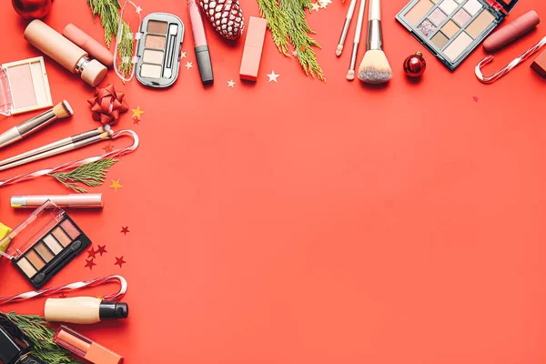 Christmas Composition Cosmetics Color Background — Stock Photo, Image
