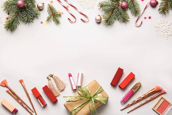 Christmas Composition Cosmetics Light Background — Stock Photo, Image