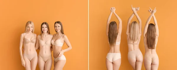 Schöne Junge Frauen Unterwäsche Auf Farbigem Hintergrund Vorder Und Rückseite — Stockfoto