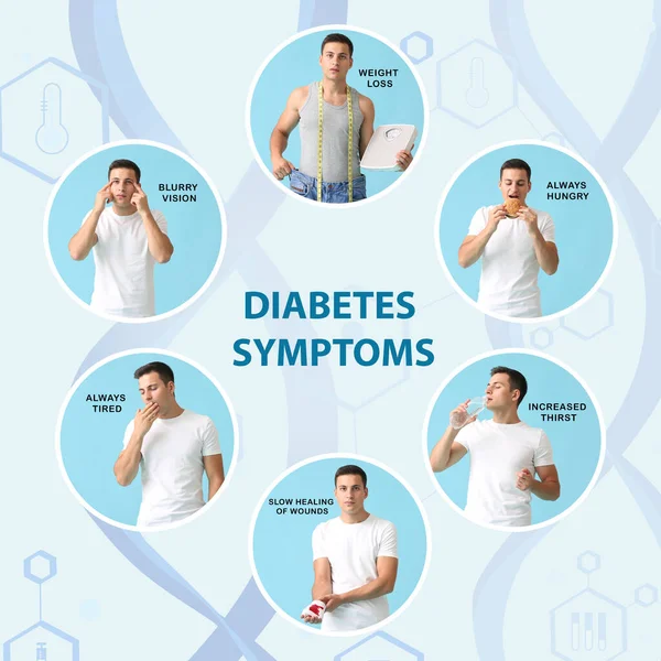 Young man with diabetes symptoms on light background