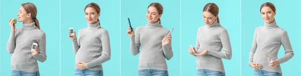 Collage Von Schwangerer Diabetikerin Auf Farbigem Hintergrund — Stockfoto