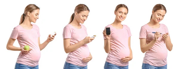 Collage Pregnant Diabetic Woman White Background — Stock Photo, Image