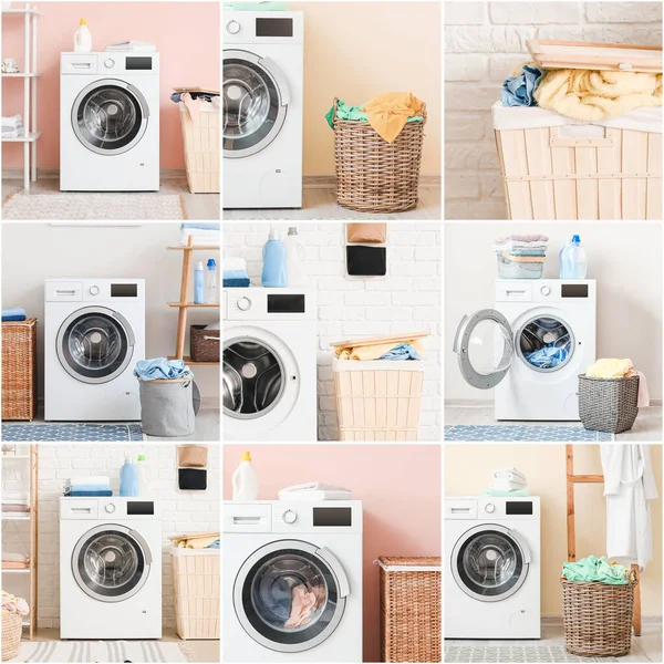 Collage Photos Avec Des Machines Laver Modernes Des Paniers Linge — Photo