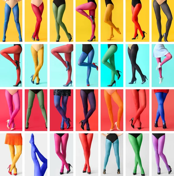 Collage Avec Des Jambes Jeune Femme Collants Différents — Photo