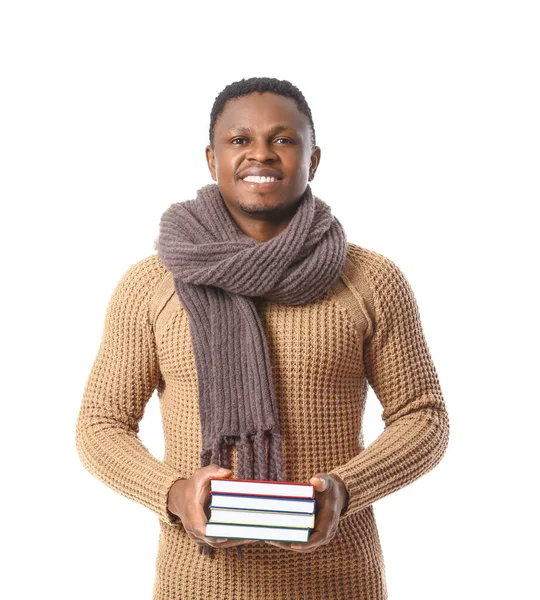 Homem Afro Americano Com Livros Sobre Fundo Branco — Fotografia de Stock