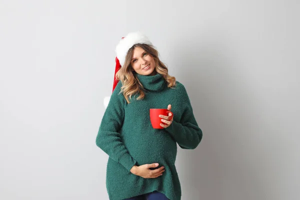 Beautiful Pregnant Woman Santa Claus Hat Cup Cacao Drink Light — Stock Photo, Image