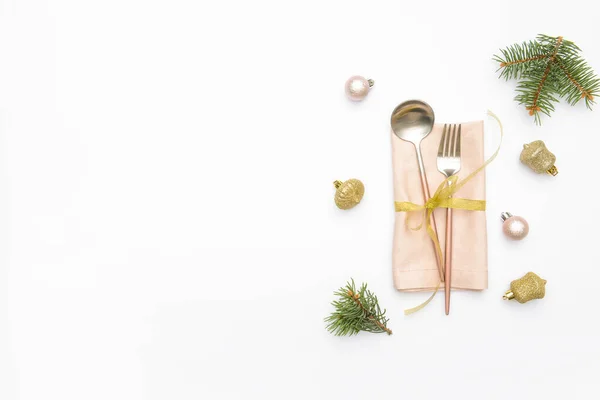 Composition Cutlery Christmas Table Setting White Background — Stock Photo, Image