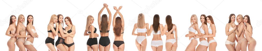 Set of beautiful young women in different underwear on white background