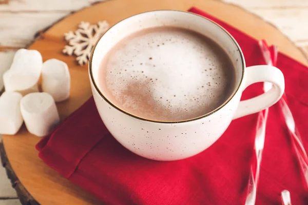 Cup Tasty Cocoa Drink Candy Canes Marshmallows Table — Stock Photo, Image