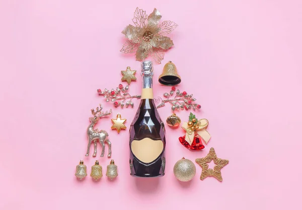 New Year Composition Champagne Color Background — Stock Photo, Image