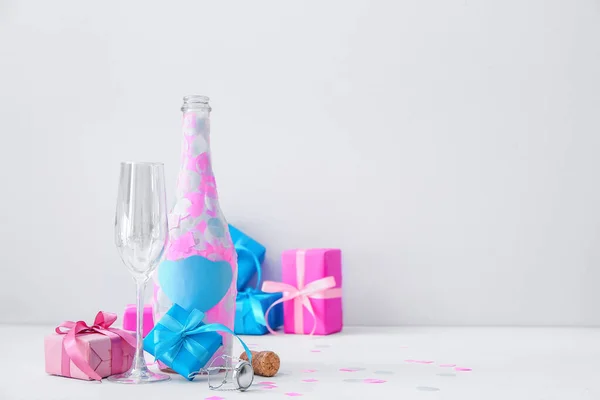 New Year Composition Bottle Champagne Light Background — Stock Photo, Image