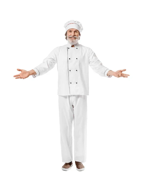 Rijpe Mannelijke Chef Kok Witte Achtergrond — Stockfoto