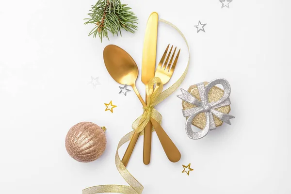 Composition Cutlery Christmas Table Setting White Background — Stock Photo, Image