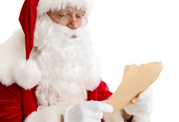 Weihnachtsmann Liest Brief Auf Weißem Hintergrund — Stockfoto