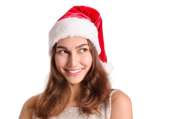 Vacker Ung Kvinna Santa Hatt Vit Bakgrund — Stockfoto