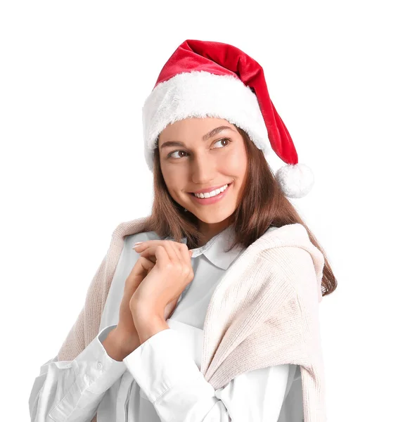 Vacker Ung Kvinna Santa Hatt Vit Bakgrund — Stockfoto