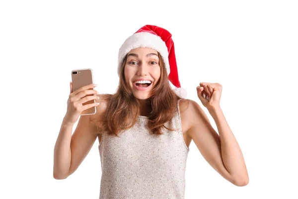 Glad Ung Kvinna Santa Hatt Och Med Mobiltelefon Vit Bakgrund — Stockfoto