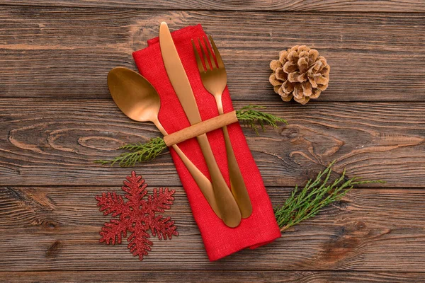 Composition Cutlery Christmas Table Setting Wooden Background — Stock Photo, Image