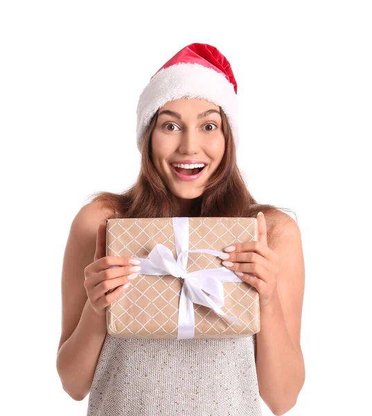 Bella Giovane Donna Cappello Babbo Natale Con Regalo Sfondo Bianco — Foto Stock