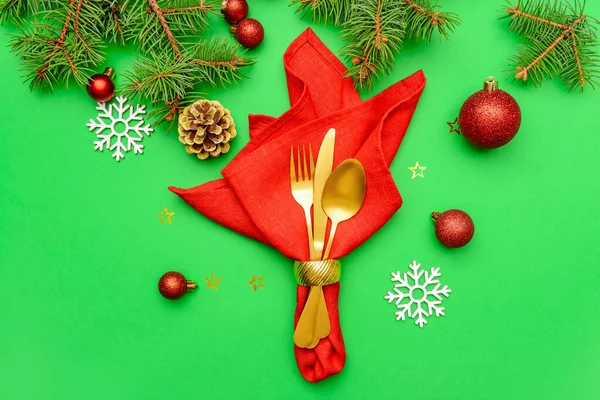 Composition Cutlery Christmas Table Setting Color Background — Stock Photo, Image